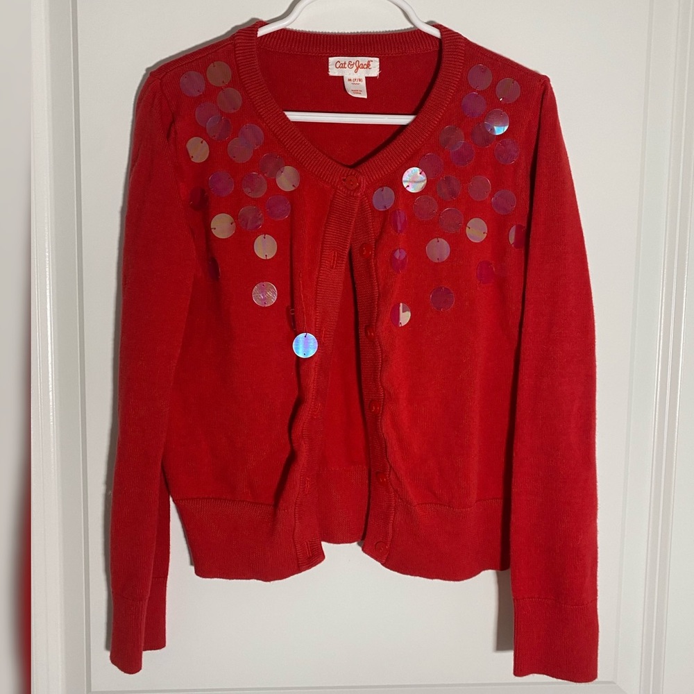 Girls Cat and Jack red embellished cardigan size medium (7-8)